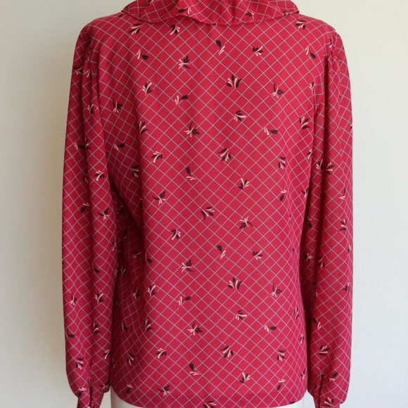 Vintage 1980s Blouse, Koret of California Red Windowpane Check Top with Ruffle - Picture 9 of 10